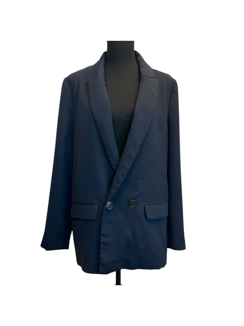 Zara women’s dark navy blue double breasted oversized blazer jacket Sz M